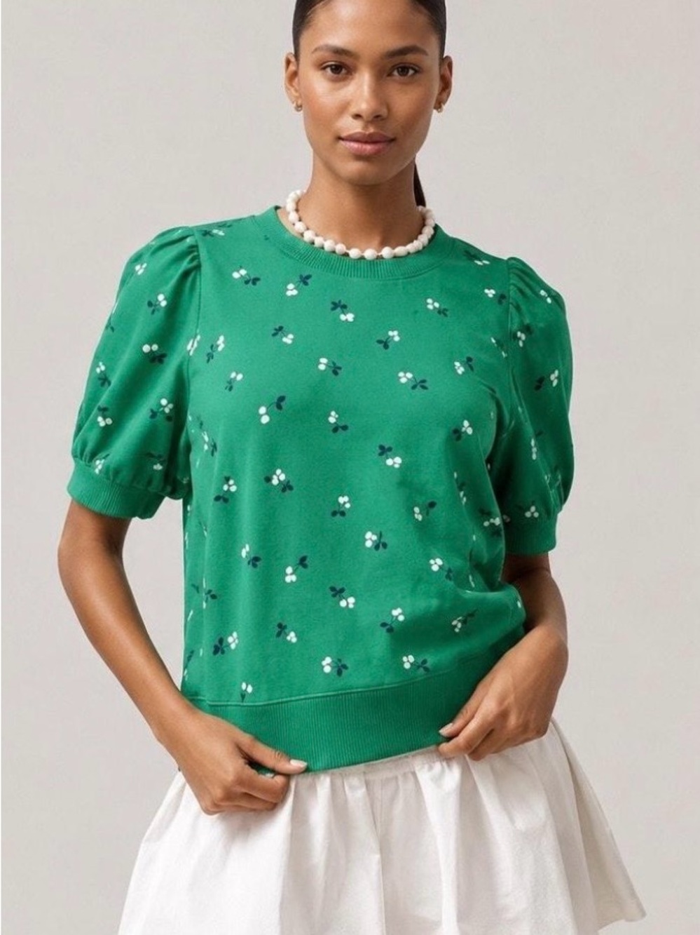Maeve Green Cherry-Print Short Puff Sleeve Sweatshirt